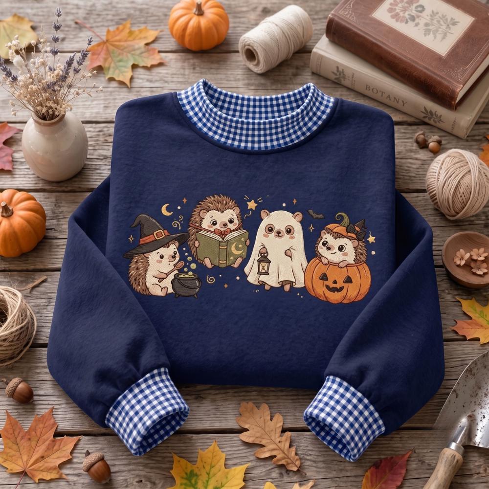 Hedgehog Halloween Embroidered Sweatshirt with Witch Ghost Pumpkin Hedgehog Crewneck, Cute Spooky Fall Sweater, Hedgehog Lover Gift