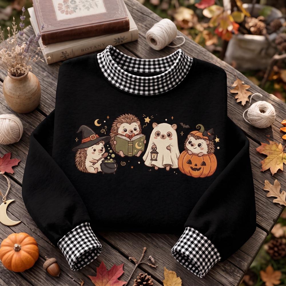 Hedgehog Halloween Embroidered Sweatshirt with Witch Ghost Pumpkin Hedgehog Crewneck, Cute Spooky Fall Sweater, Hedgehog Lover Gift - photo 2