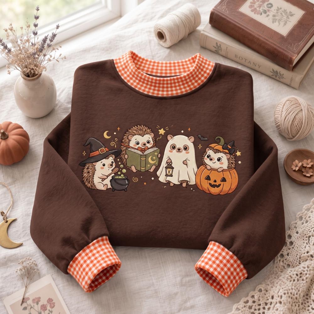 Hedgehog Halloween Embroidered Sweatshirt with Witch Ghost Pumpkin Hedgehog Crewneck, Cute Spooky Fall Sweater, Hedgehog Lover Gift - photo 3
