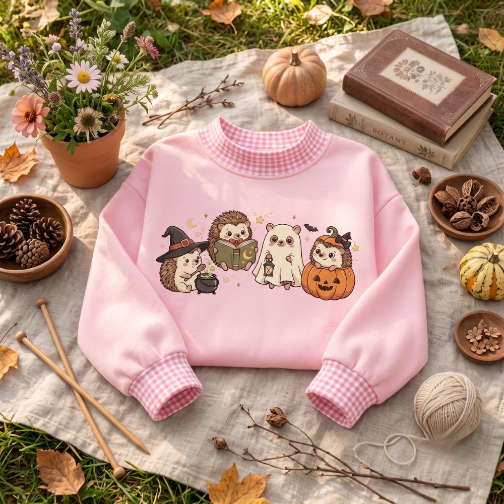 Hedgehog Halloween Embroidered Sweatshirt with Witch Ghost Pumpkin Hedgehog Crewneck, Cute Spooky Fall Sweater, Hedgehog Lover Gift - photo 4