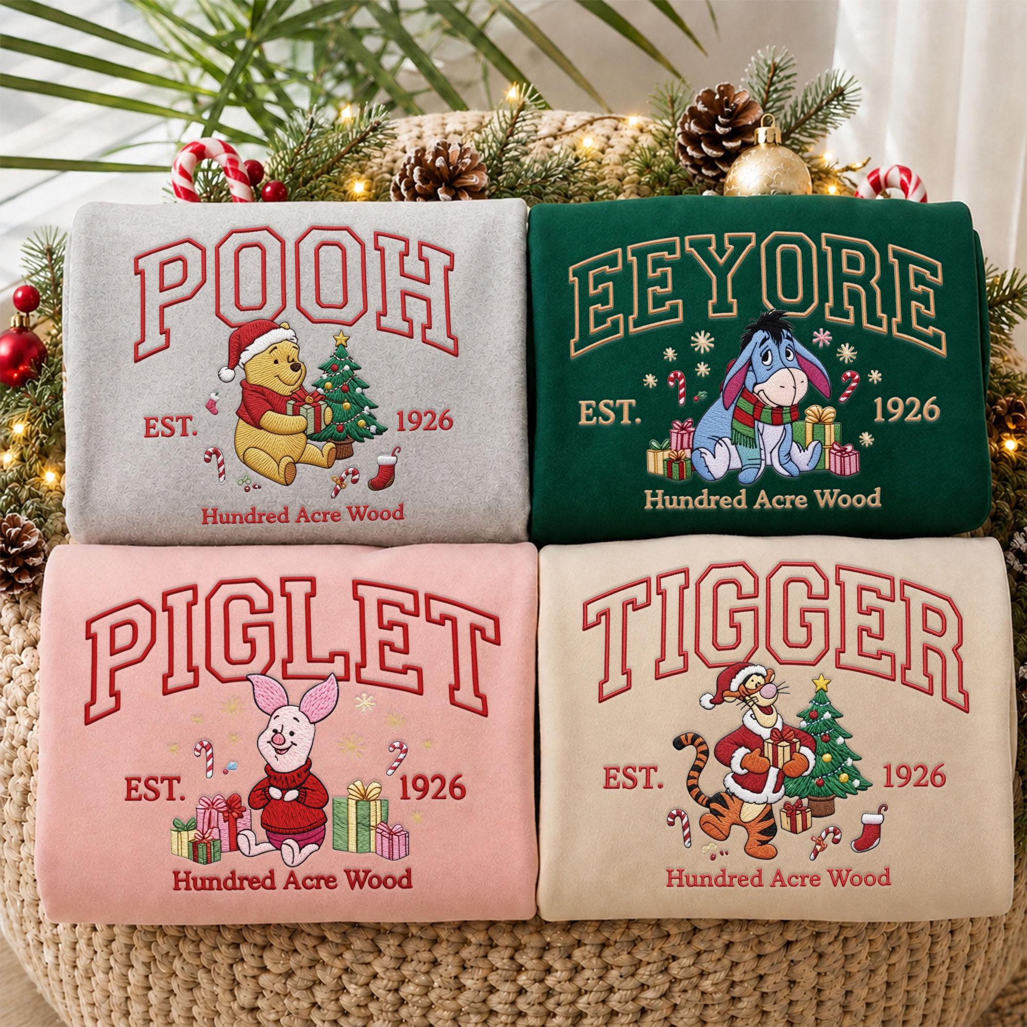 Custom Embroidered Winnie the Pooh Christmas Sweatshirt with Matching Disney Xmas Hoodie – Pooh Bear Quarter Zip Secret Santa Clothing Gift