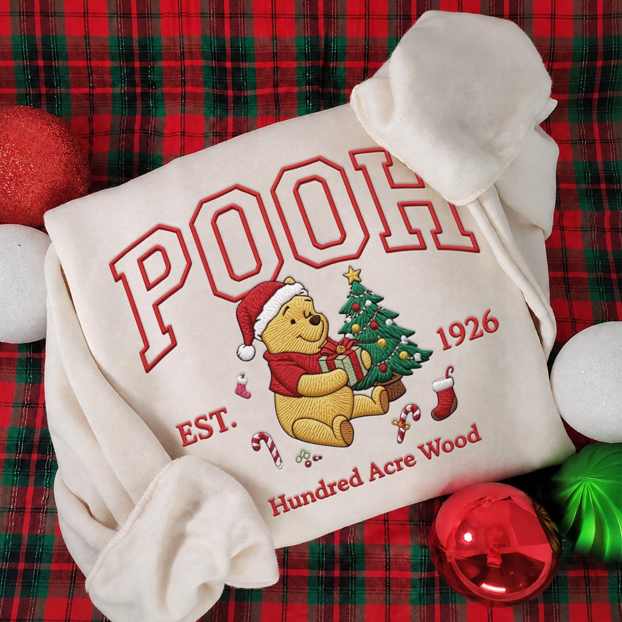 Custom Embroidered Winnie the Pooh Christmas Sweatshirt with Matching Disney Xmas Hoodie – Pooh Bear Quarter Zip Secret Santa Clothing Gift - photo 2