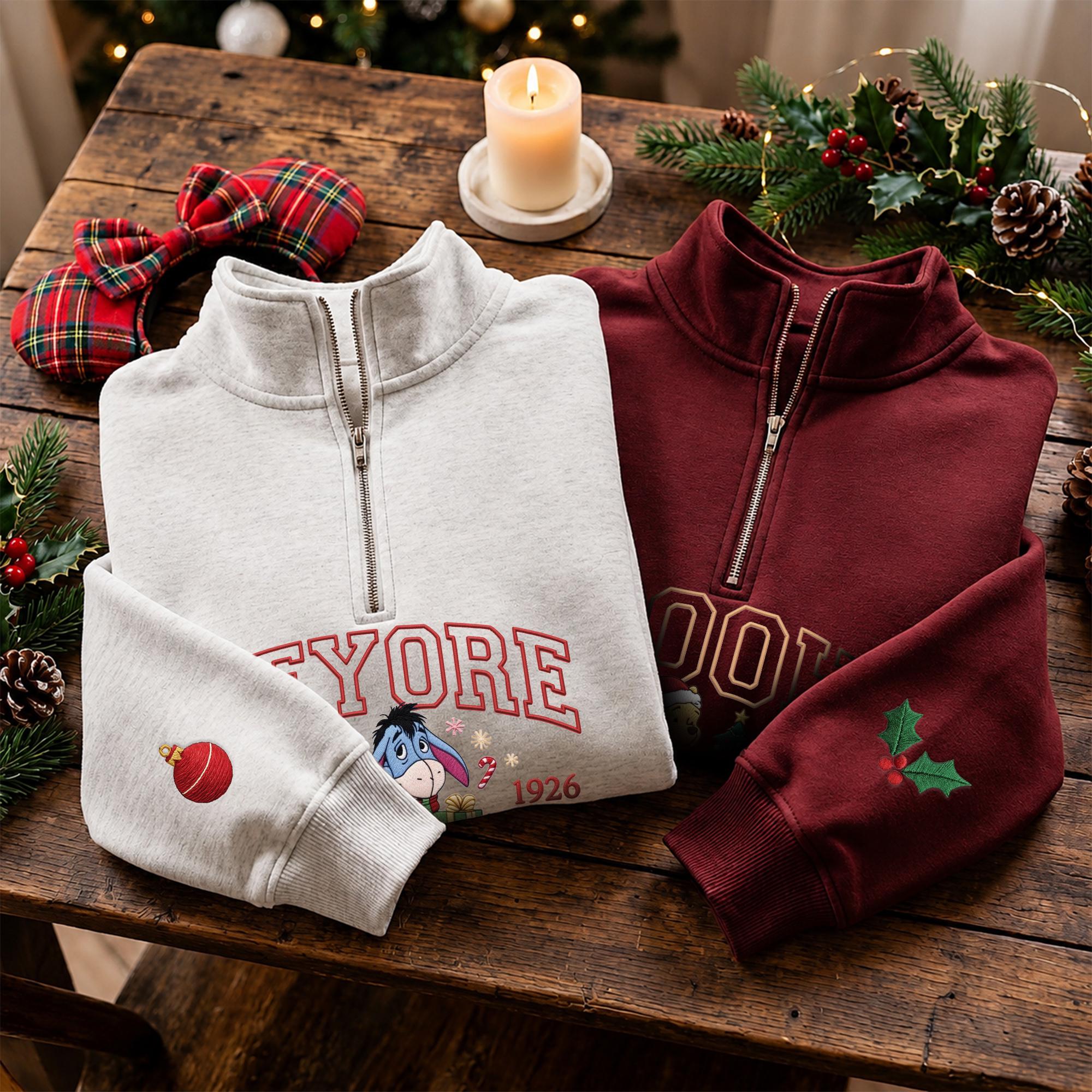 Custom Embroidered Winnie the Pooh Christmas Sweatshirt with Matching Disney Xmas Hoodie – Pooh Bear Quarter Zip Secret Santa Clothing Gift - photo 10