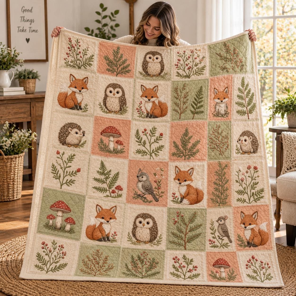 Woodland Animal Blanket – Quilt Style Fox Owl Hedgehog Throw for Cottagecore Forest Bedding, Cozy Nature Lover Home Decor Gift