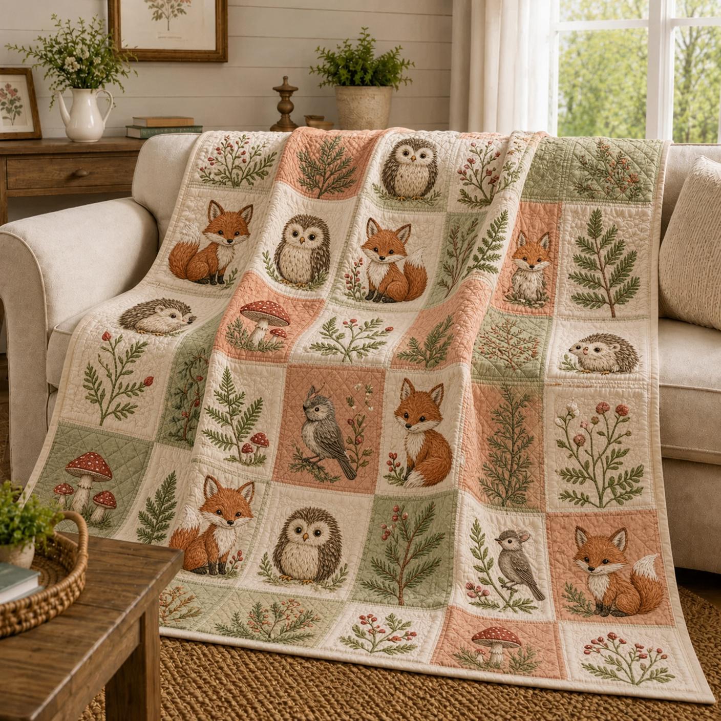Woodland Animal Blanket – Quilt Style Fox Owl Hedgehog Throw for Cottagecore Forest Bedding, Cozy Nature Lover Home Decor Gift - photo 2