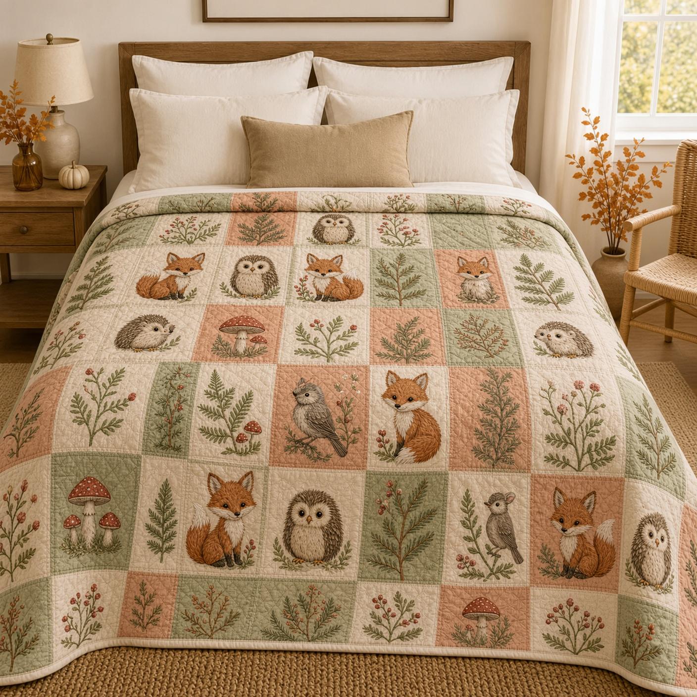 Woodland Animal Blanket – Quilt Style Fox Owl Hedgehog Throw for Cottagecore Forest Bedding, Cozy Nature Lover Home Decor Gift - photo 3