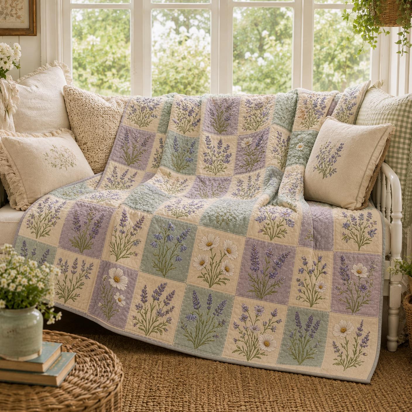 Lavender Floral Blanket – Quilt Style Wildflower Patchwork Throw for Cottagecore Botanical Bedding, Garden Flower Home Decor Gift