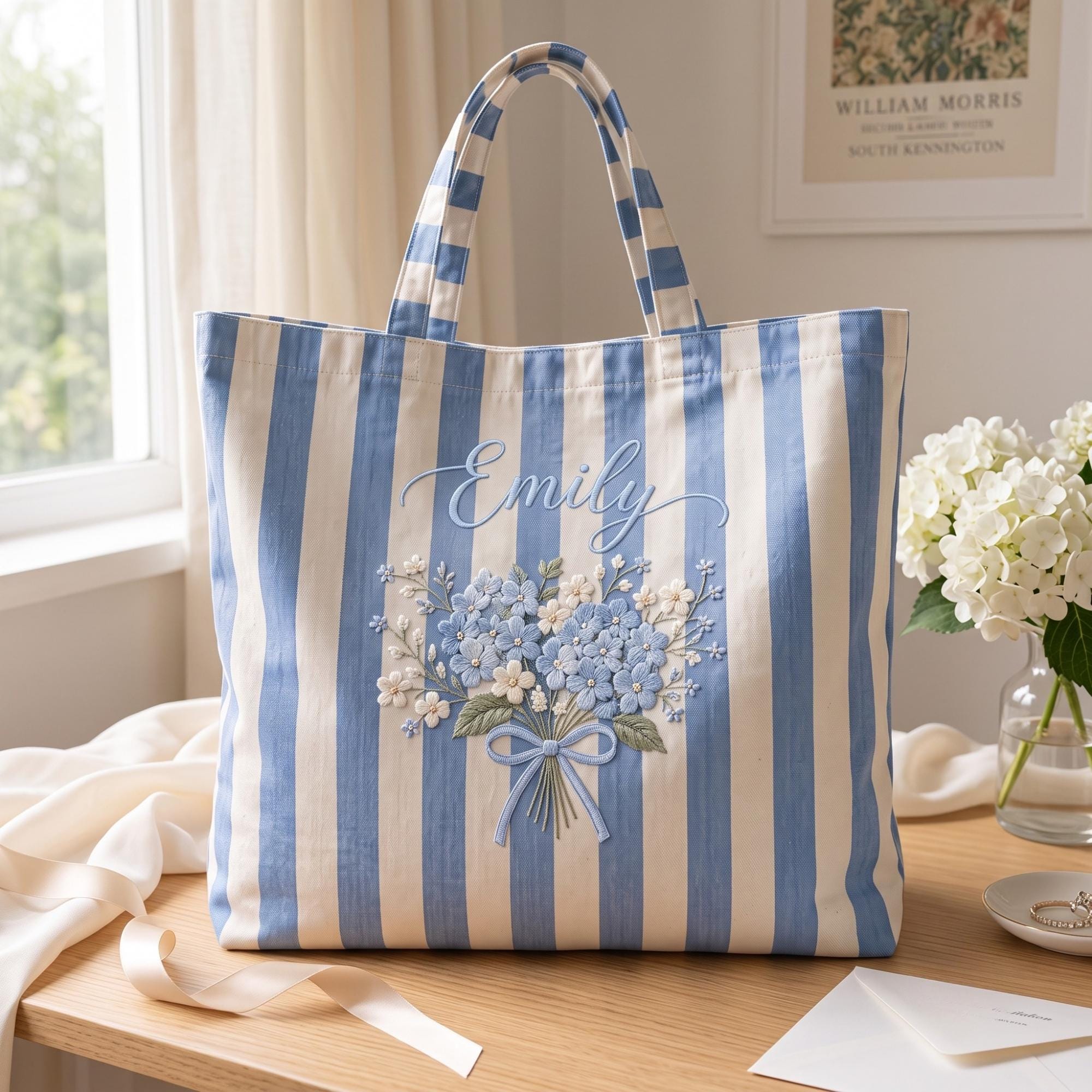 Personalized Embroidered Tote Bag with Hydrangea Floral Bag and Name, Custom Flower Canvas Tote, Bridesmaid Gift, and Wedding Gift