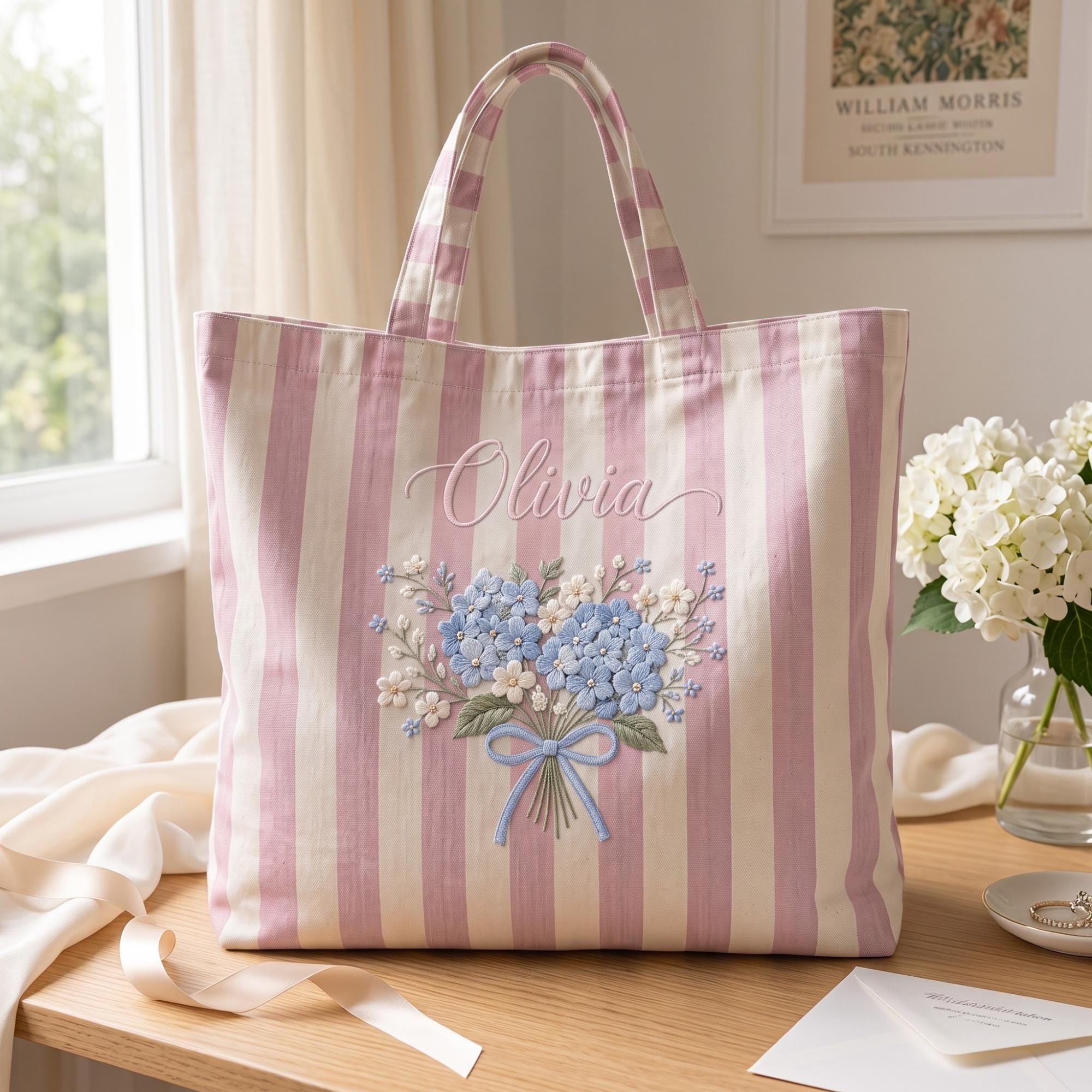 Personalized Embroidered Tote Bag with Hydrangea Floral Bag and Name, Custom Flower Canvas Tote, Bridesmaid Gift, and Wedding Gift - photo 2