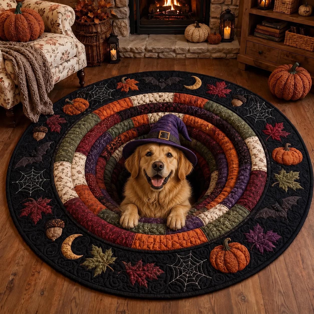 Halloween Dog Round Rug with 3D Illusion Quilted Witch Dog Tunnel Floor Mat and Spooky Pet Decor for Dog Lover Gift