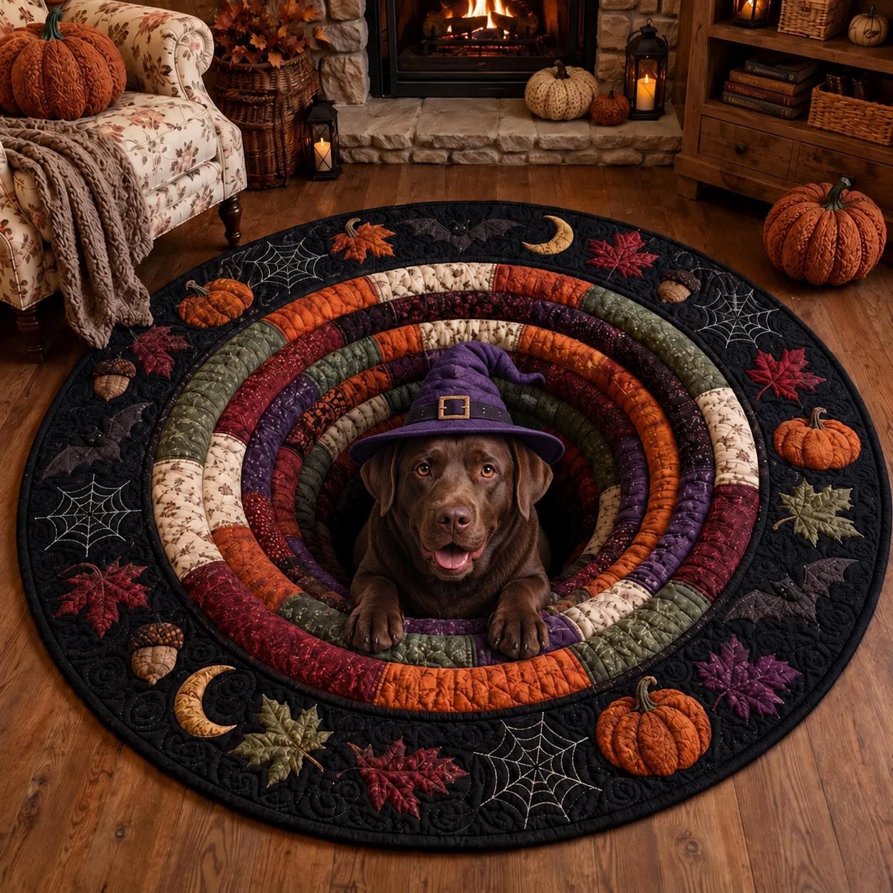 Halloween Dog Round Rug with 3D Illusion Quilted Witch Dog Tunnel Floor Mat and Spooky Pet Decor for Dog Lover Gift - photo 2