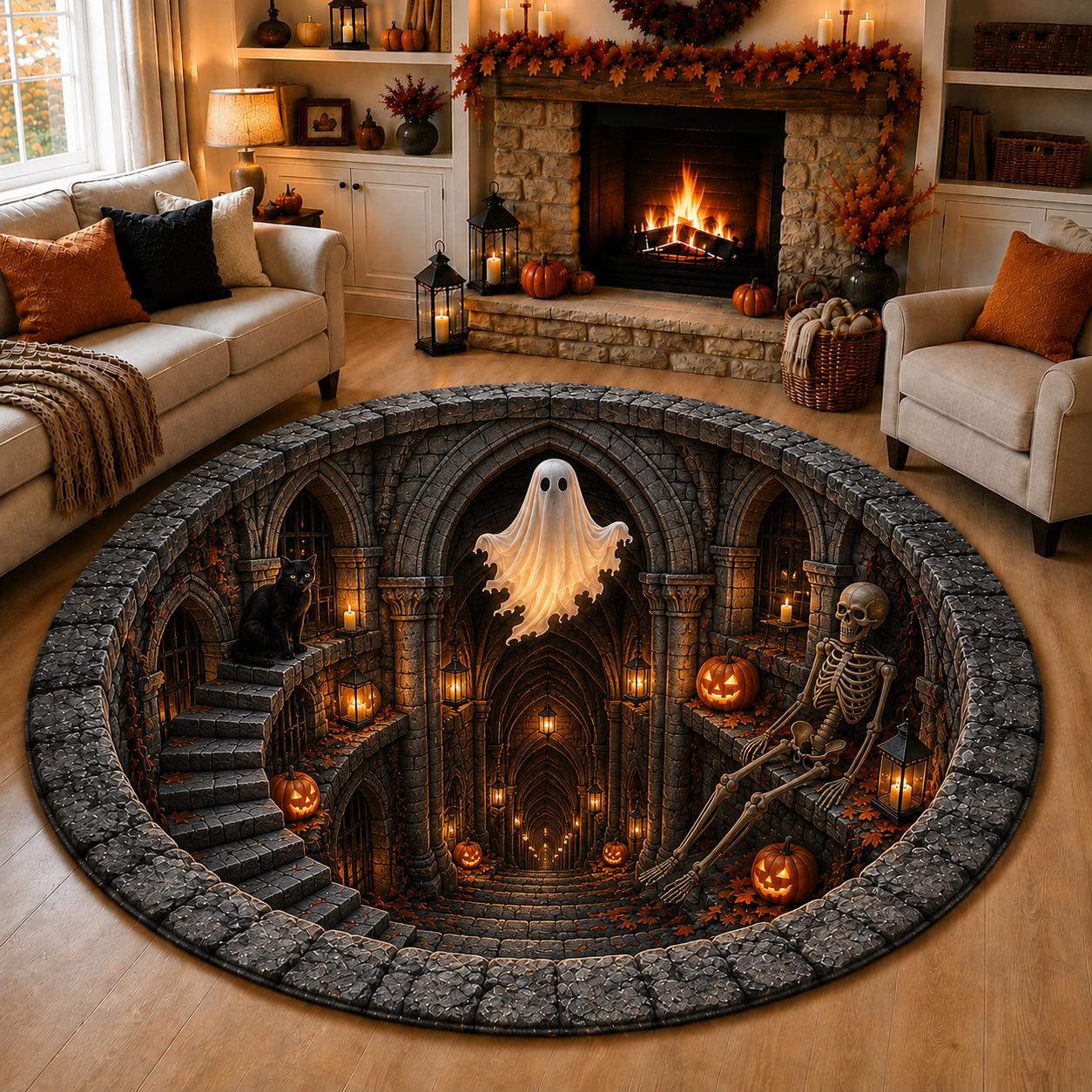 Haunted Dungeon Round Rug – 3D Illusion Quilted Ghost Skeleton Hole Floor Mat for Gothic Halloween Haunted House Home Decor