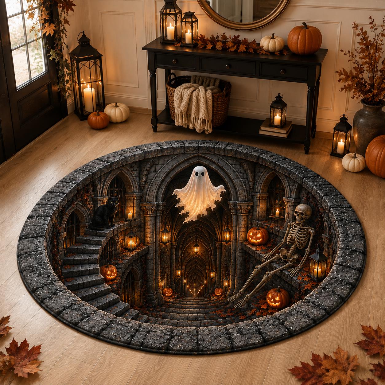 Haunted Dungeon Round Rug – 3D Illusion Quilted Ghost Skeleton Hole Floor Mat for Gothic Halloween Haunted House Home Decor - photo 2