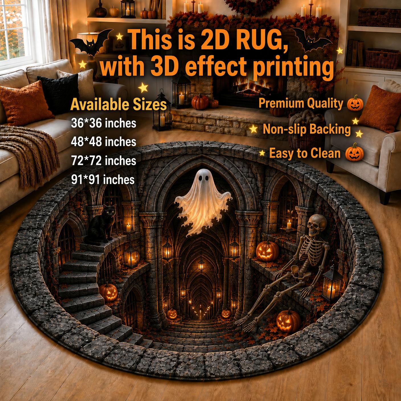 Haunted Dungeon Round Rug – 3D Illusion Quilted Ghost Skeleton Hole Floor Mat for Gothic Halloween Haunted House Home Decor - photo 3