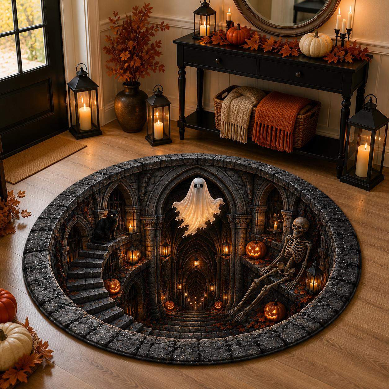 Haunted Dungeon Round Rug – 3D Illusion Quilted Ghost Skeleton Hole Floor Mat for Gothic Halloween Haunted House Home Decor - photo 4