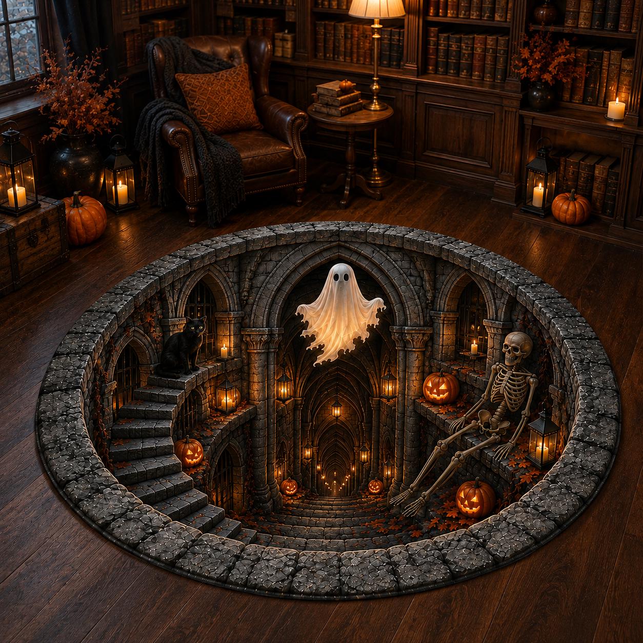 Haunted Dungeon Round Rug – 3D Illusion Quilted Ghost Skeleton Hole Floor Mat for Gothic Halloween Haunted House Home Decor - photo 5