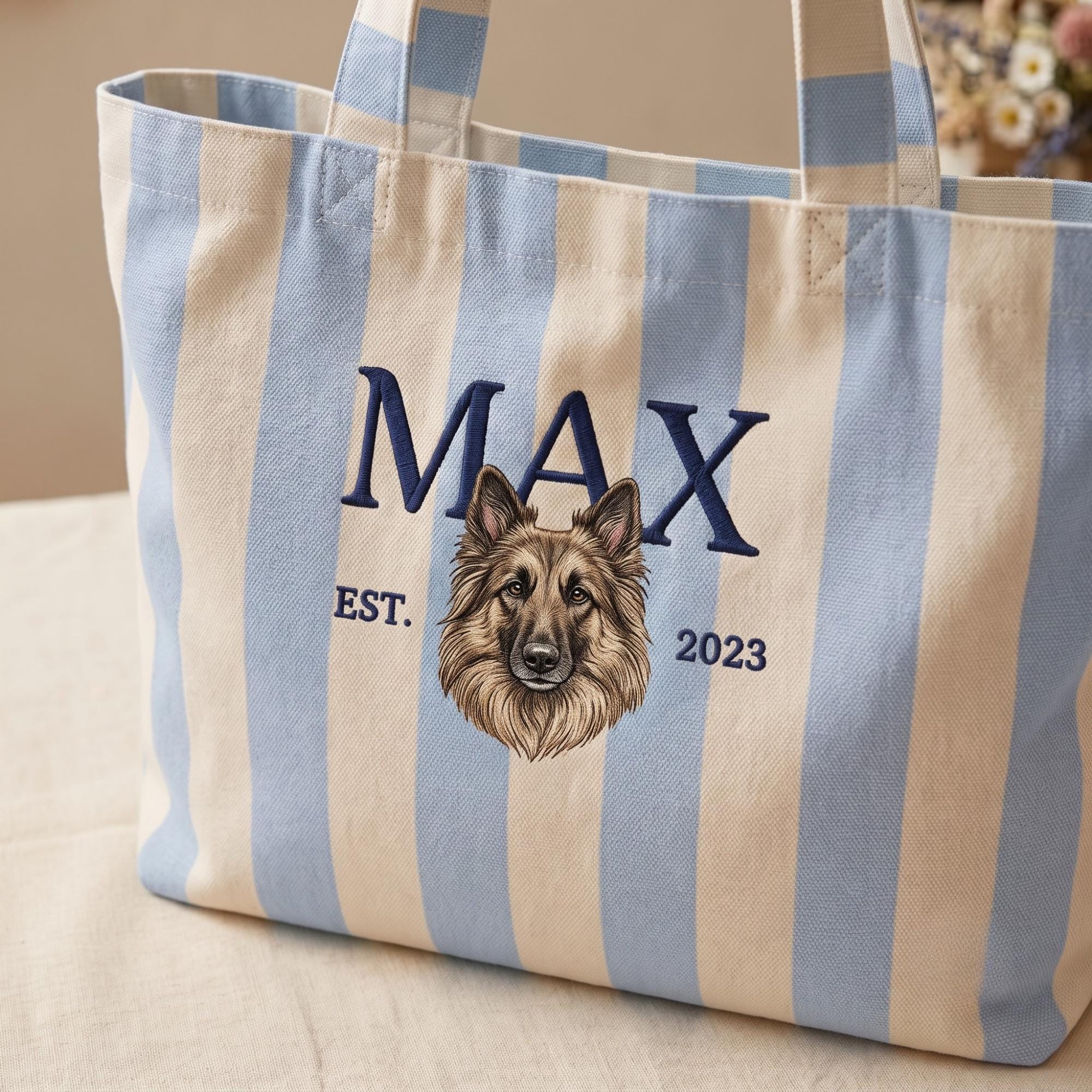Personalized Embroidered Pet Canvas Tote Bag with Custom Dog Cat Portrait Name for Dog Mom Pet Lover Gift
