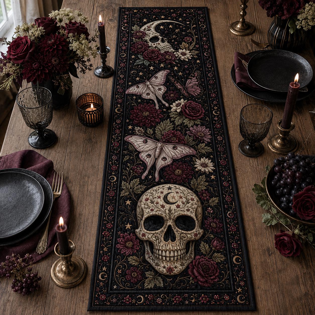 Skull Luna Moth Table Runner with Quilt Style Gothic Floral Table Decor and Celestial Runner for Witchy Halloween Dining