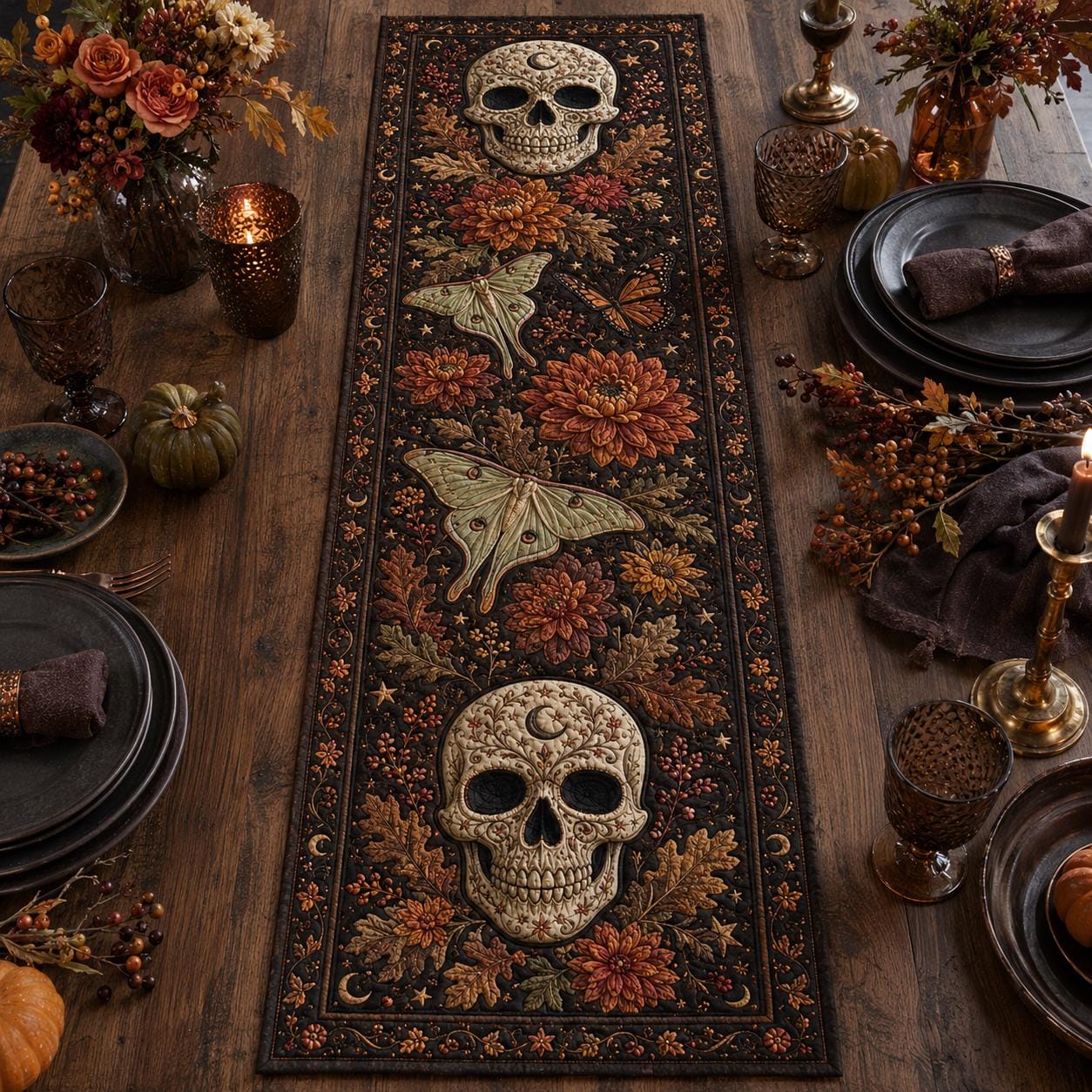 Skull Luna Moth Table Runner with Quilt Style Gothic Floral Table Decor and Celestial Runner for Witchy Halloween Dining - photo 2