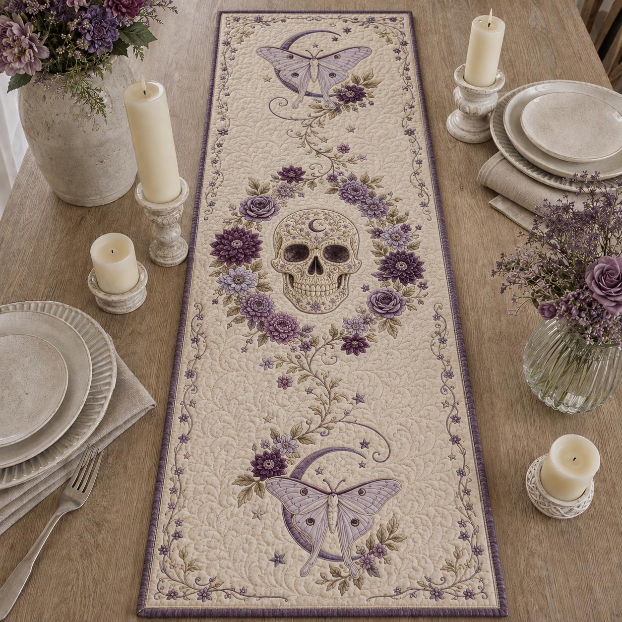 Skull Luna Moth Table Runner with Quilt Style Gothic Floral Table Decor and Celestial Runner for Witchy Halloween Dining - photo 3