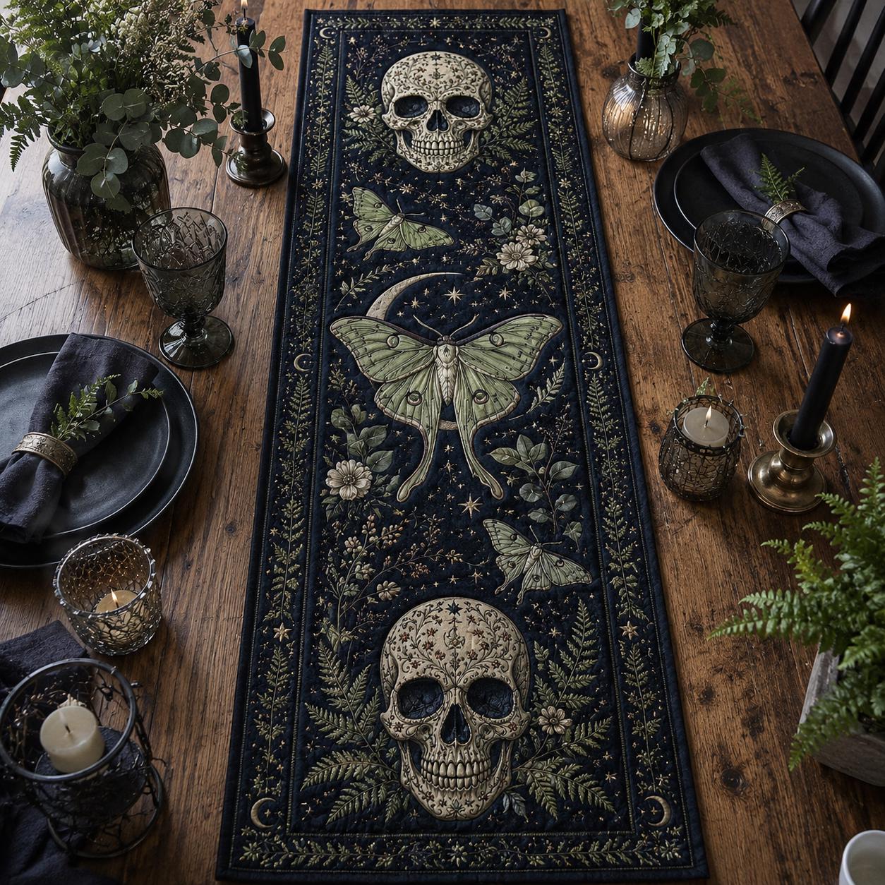 Skull Luna Moth Table Runner with Quilt Style Gothic Floral Table Decor and Celestial Runner for Witchy Halloween Dining - photo 4