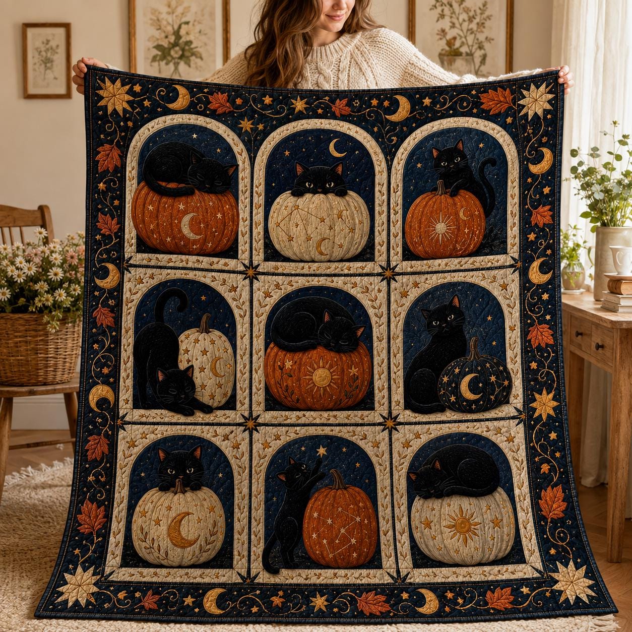 Black Cat Pumpkin Blanket with Celestial Halloween Throw, Moon and Stars Quilt Style Blanket, Witchy Fall Home Decor, and Cat Lover Gift - photo 1