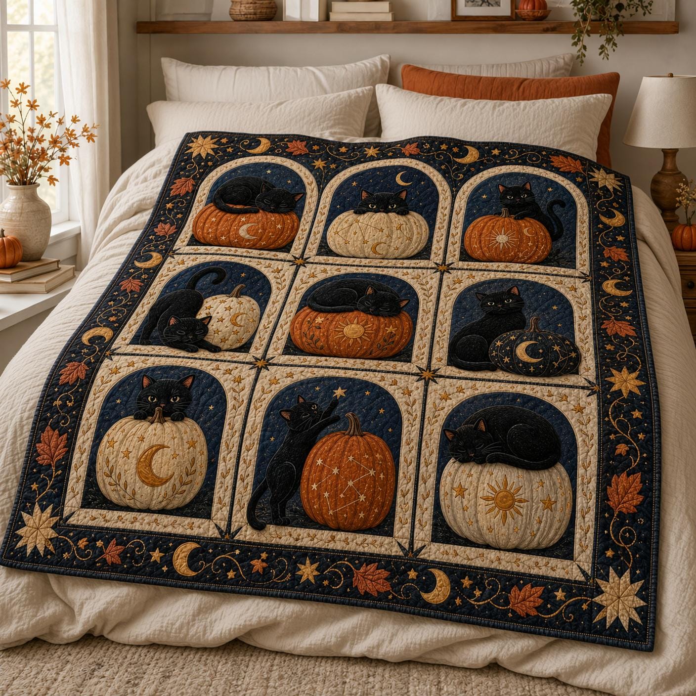 Black Cat Pumpkin Blanket with Celestial Halloween Throw, Moon and Stars Quilt Style Blanket, Witchy Fall Home Decor, and Cat Lover Gift - photo 2
