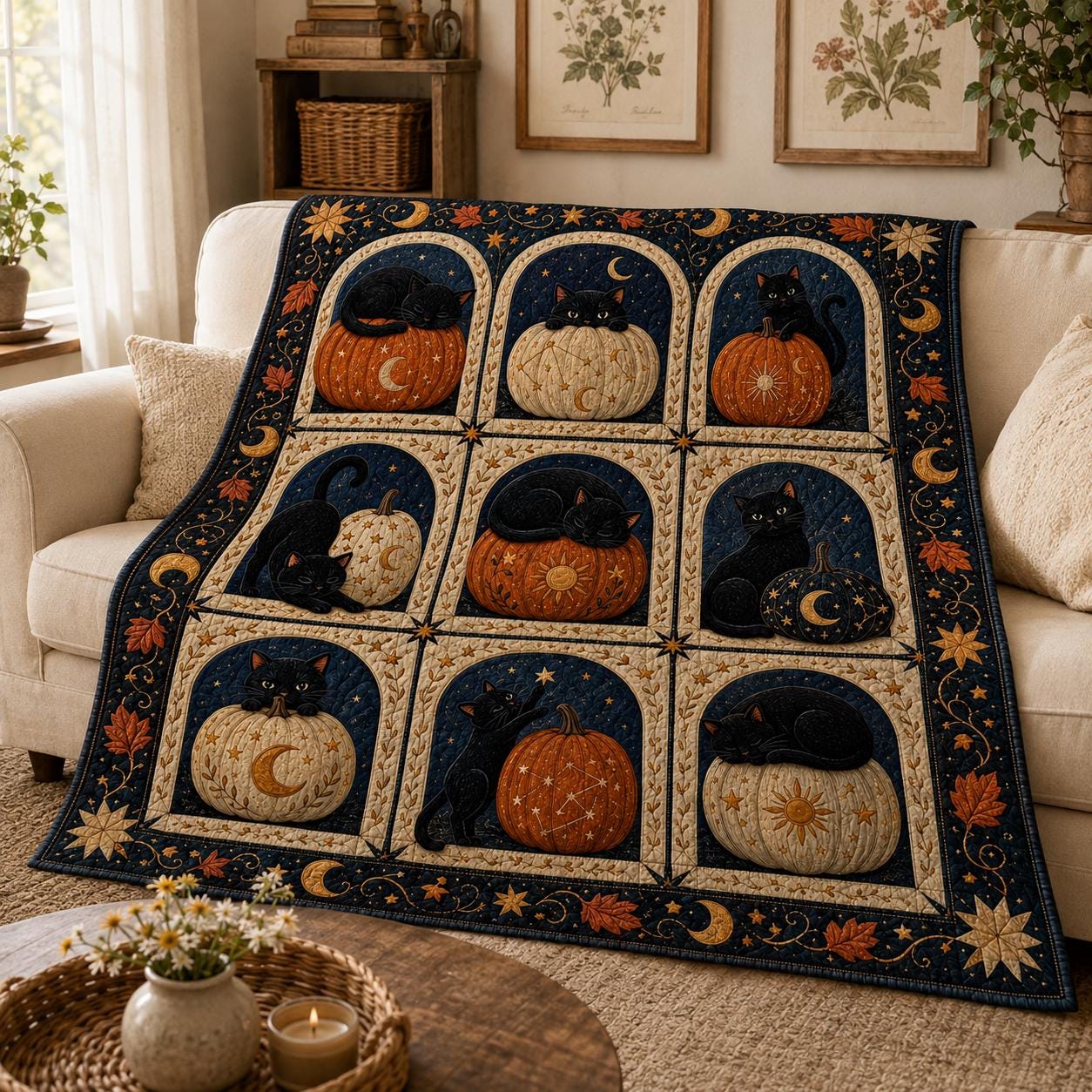 Black Cat Pumpkin Blanket with Celestial Halloween Throw, Moon and Stars Quilt Style Blanket, Witchy Fall Home Decor, and Cat Lover Gift - photo 5