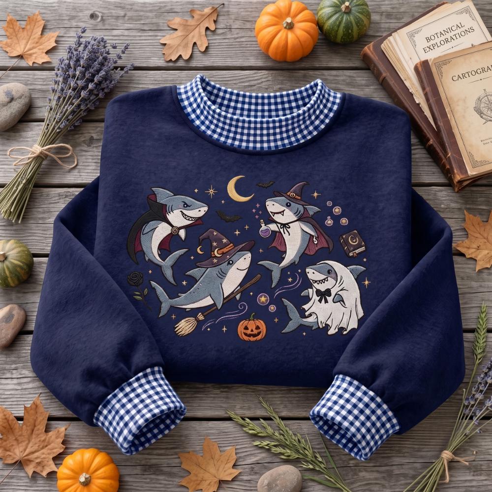 Shark Halloween Embroidered Sweatshirt with Witch Vampire Ghost Shark Crewneck and Cute Spooky Ocean Sweater for Lover Gift