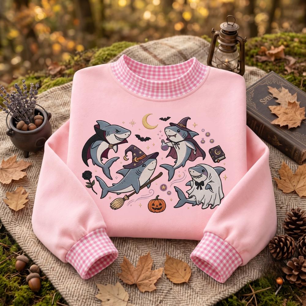 Shark Halloween Embroidered Sweatshirt with Witch Vampire Ghost Shark Crewneck and Cute Spooky Ocean Sweater for Lover Gift - photo 2