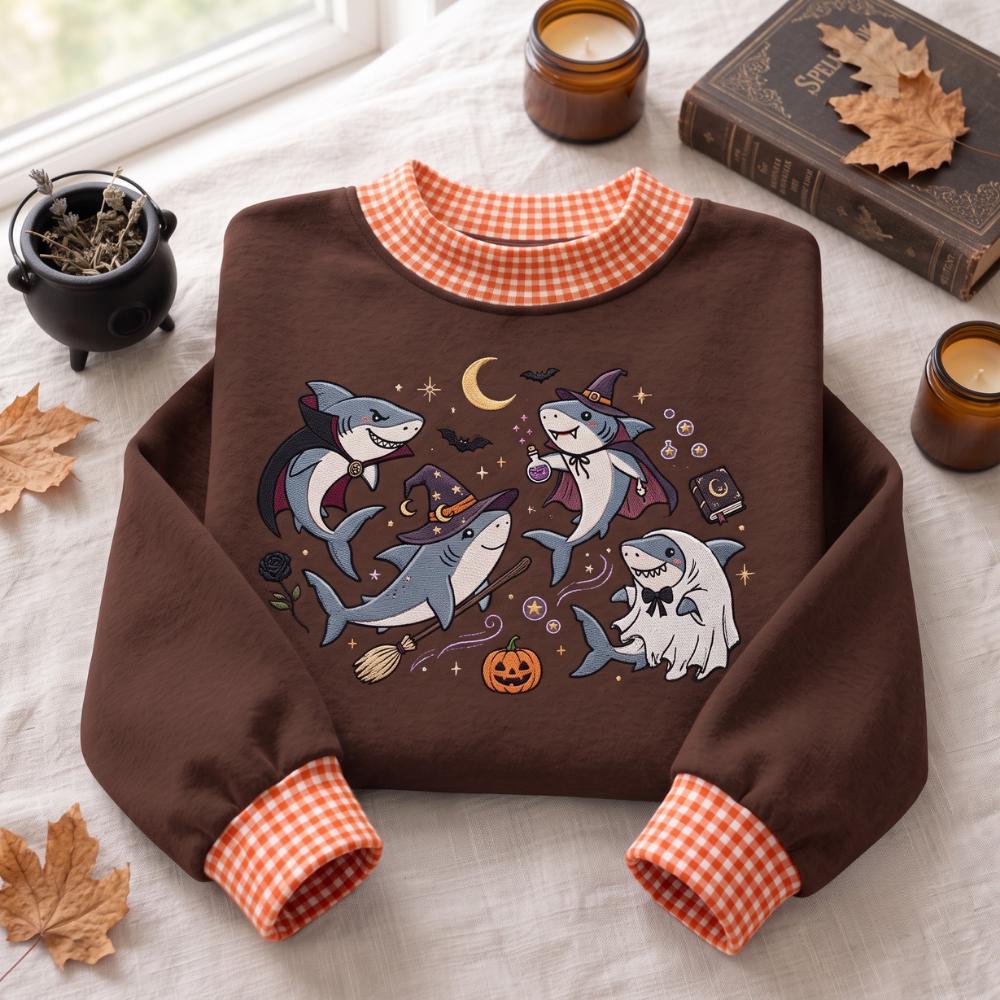 Shark Halloween Embroidered Sweatshirt with Witch Vampire Ghost Shark Crewneck and Cute Spooky Ocean Sweater for Lover Gift - photo 3