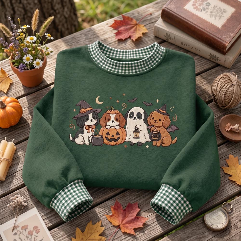 Dog Halloween Embroidered Sweatshirt with Witch Ghost Pumpkin Puppy Crewneck, Cute Spooky Pet Sweater, Dog Lover Halloween Fall Gift