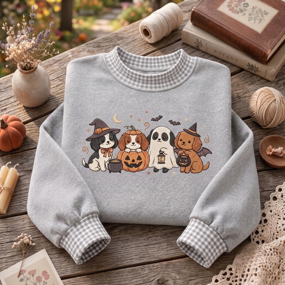 Dog Halloween Embroidered Sweatshirt with Witch Ghost Pumpkin Puppy Crewneck, Cute Spooky Pet Sweater, Dog Lover Halloween Fall Gift - photo 2