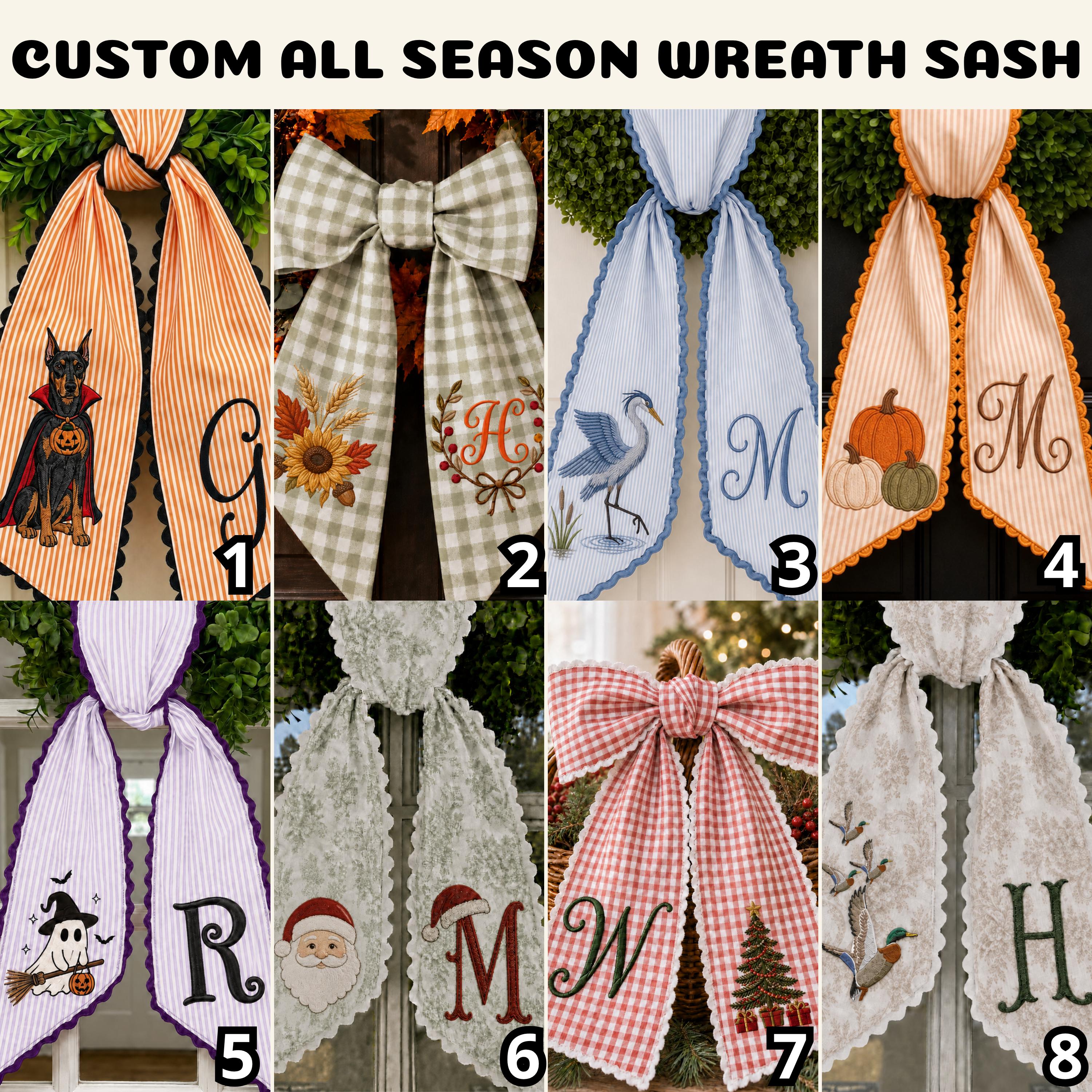 All Season Wreath Sash Bundle for Personalized Embroidery Monogram Door Decor, Halloween Christmas Fall Wildlife Floral Wreath Sash