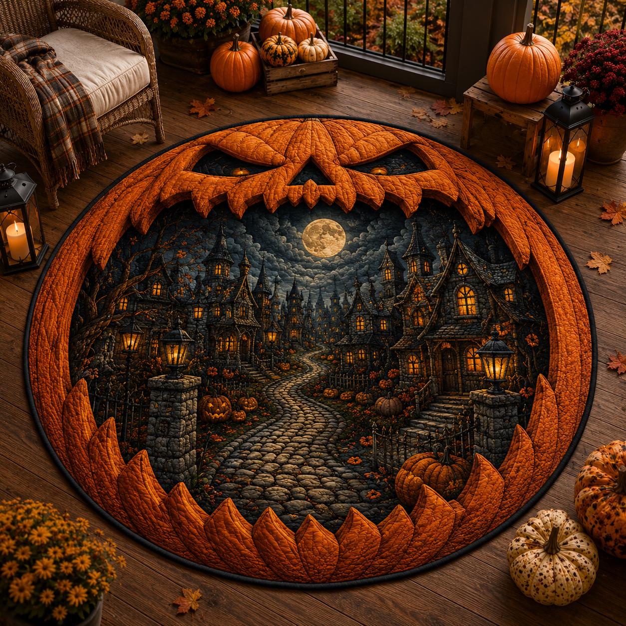 Jack O Lantern Halloween Round Rug with 3D Illusion Quilted Haunted Village Floor Mat and Spooky Pumpkin Home Decor