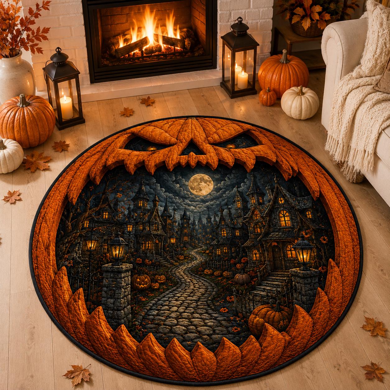 Jack O Lantern Halloween Round Rug with 3D Illusion Quilted Haunted Village Floor Mat and Spooky Pumpkin Home Decor - photo 2