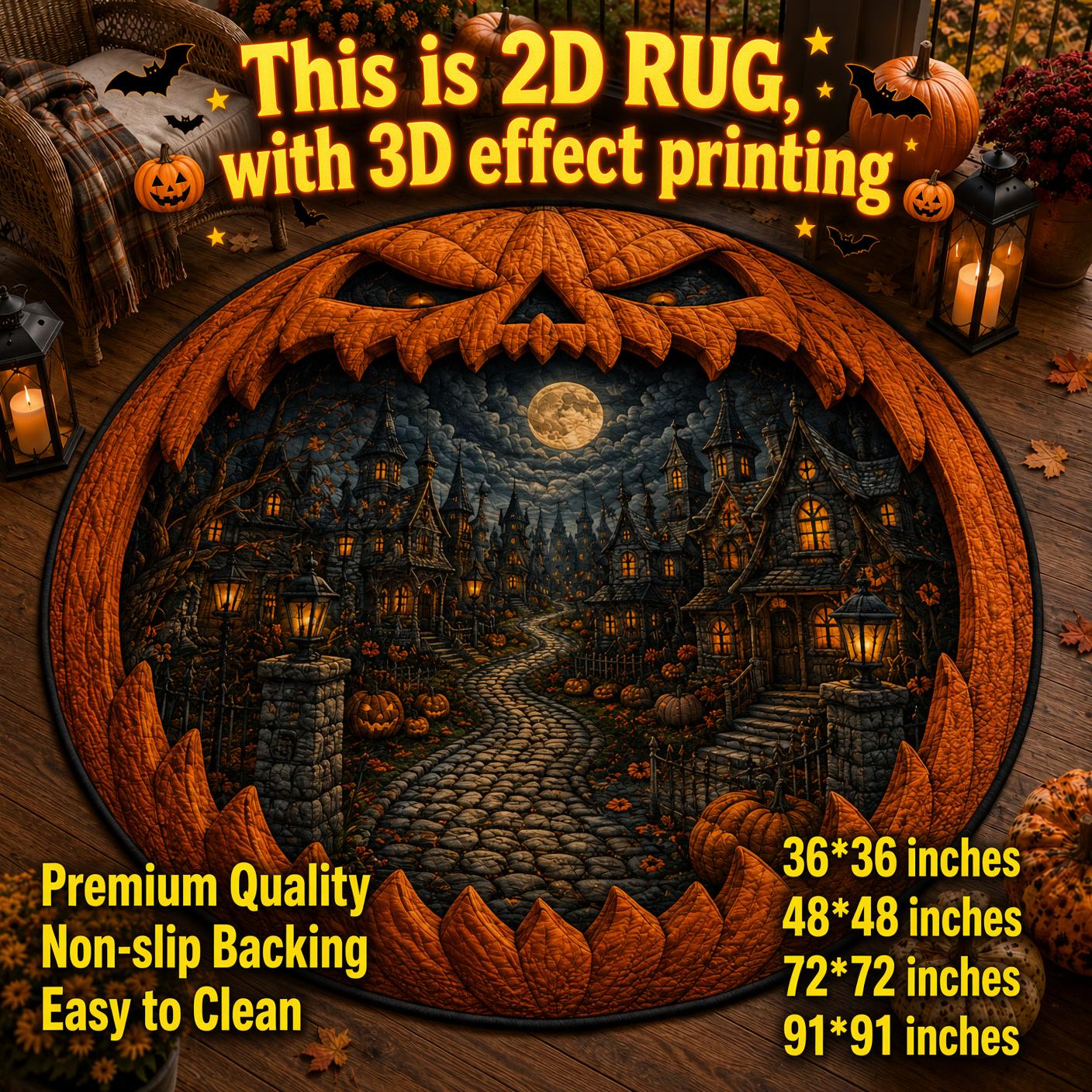 Jack O Lantern Halloween Round Rug with 3D Illusion Quilted Haunted Village Floor Mat and Spooky Pumpkin Home Decor - photo 3