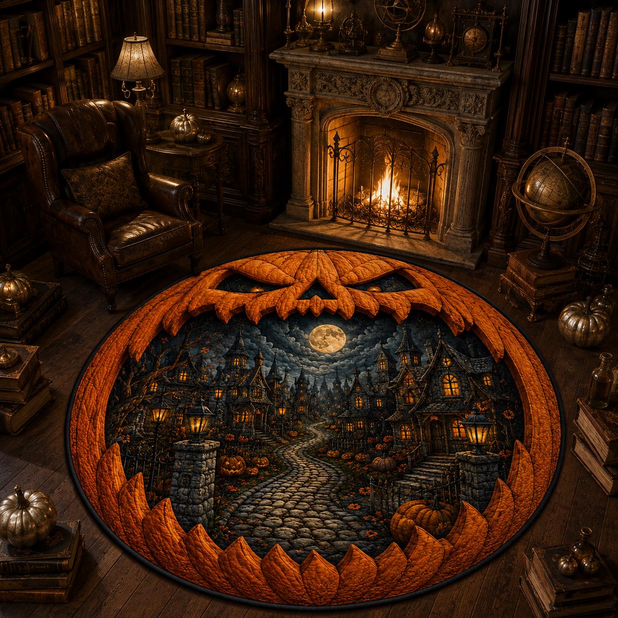 Jack O Lantern Halloween Round Rug with 3D Illusion Quilted Haunted Village Floor Mat and Spooky Pumpkin Home Decor - photo 4