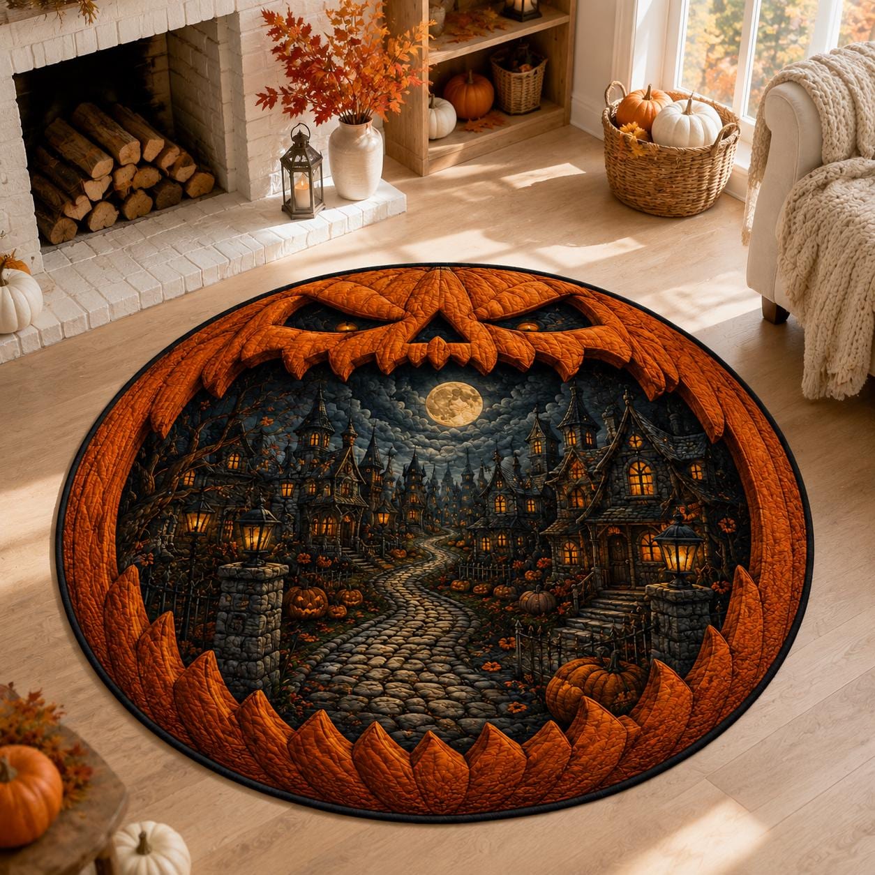 Jack O Lantern Halloween Round Rug with 3D Illusion Quilted Haunted Village Floor Mat and Spooky Pumpkin Home Decor - photo 5