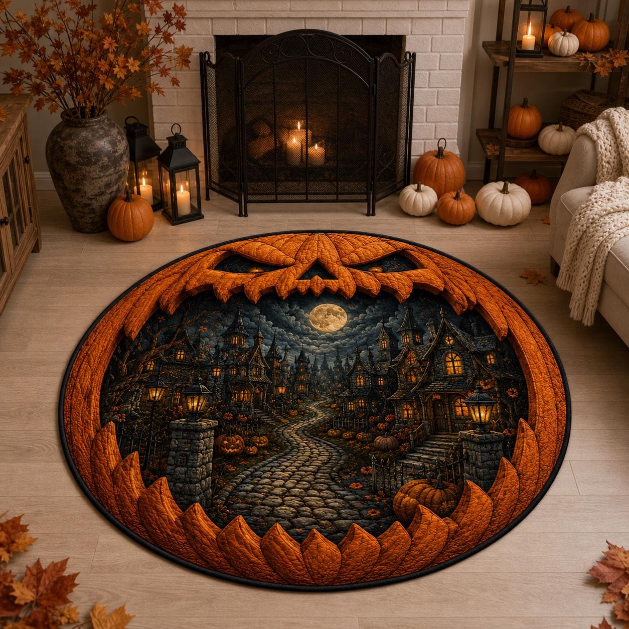 Jack O Lantern Halloween Round Rug with 3D Illusion Quilted Haunted Village Floor Mat and Spooky Pumpkin Home Decor - photo 6