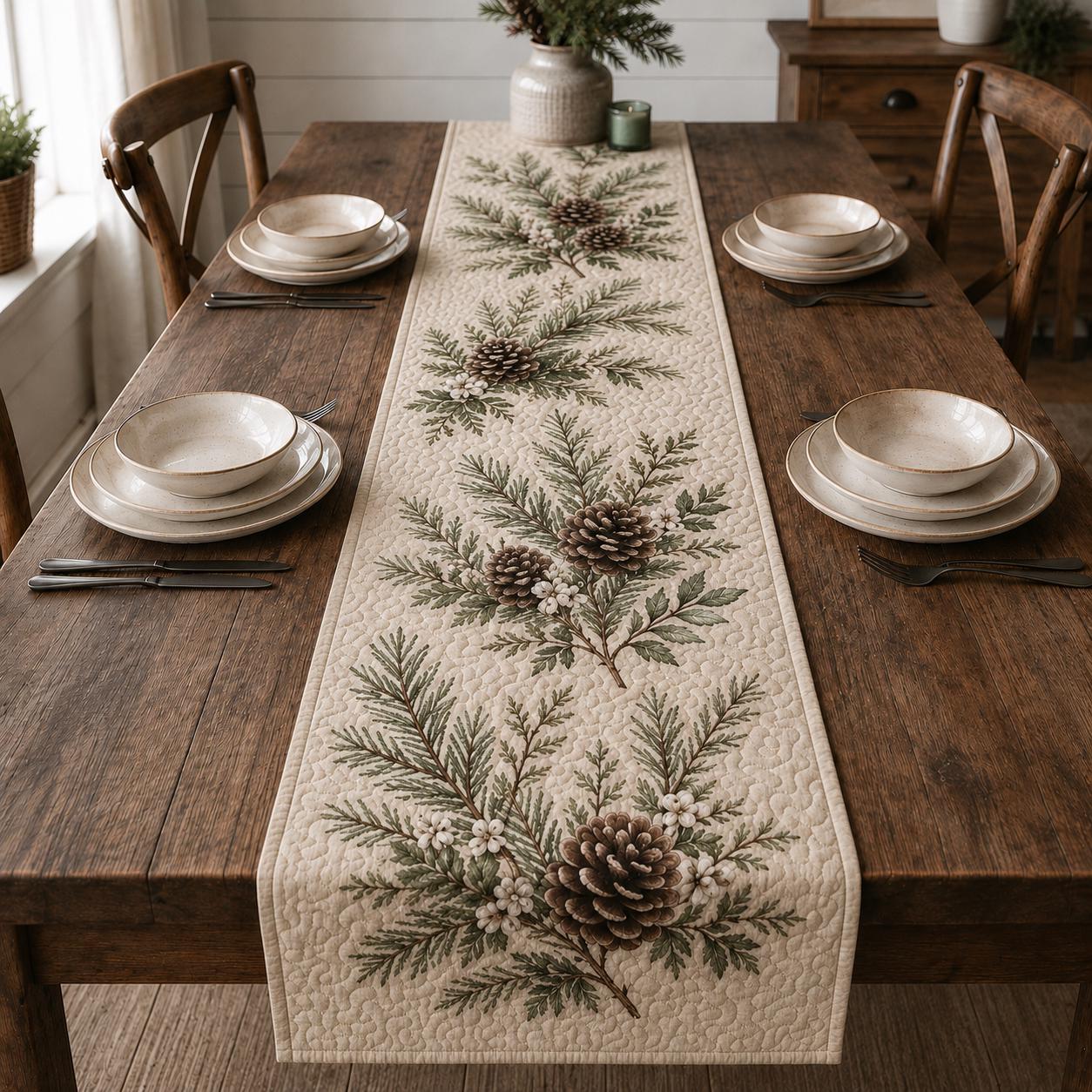 Pinecone Table Runner with Quilt Style Christmas Evergreen Table Decor and Woodland Holiday Runner for Rustic Winter Farmhouse