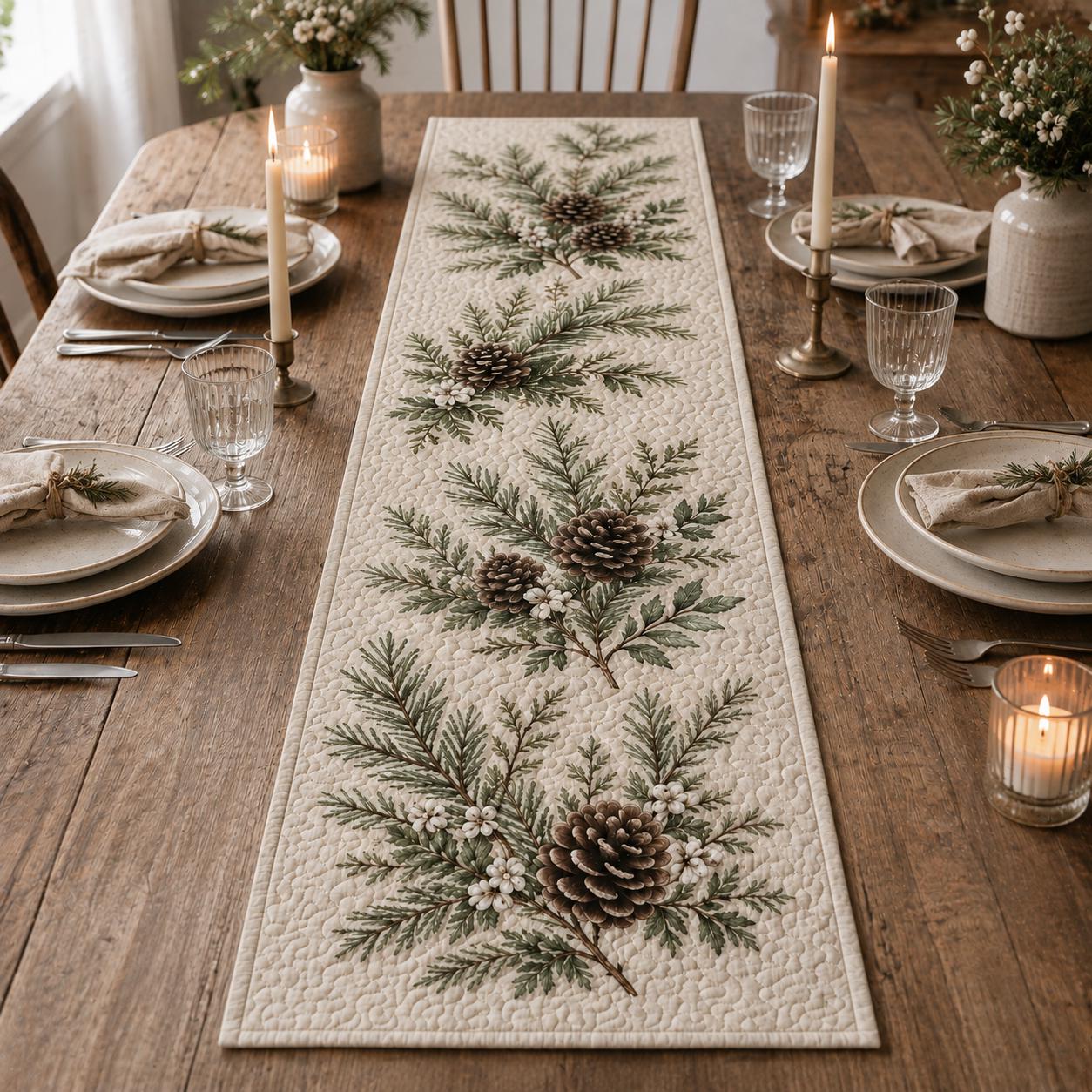 Pinecone Table Runner with Quilt Style Christmas Evergreen Table Decor and Woodland Holiday Runner for Rustic Winter Farmhouse - photo 2