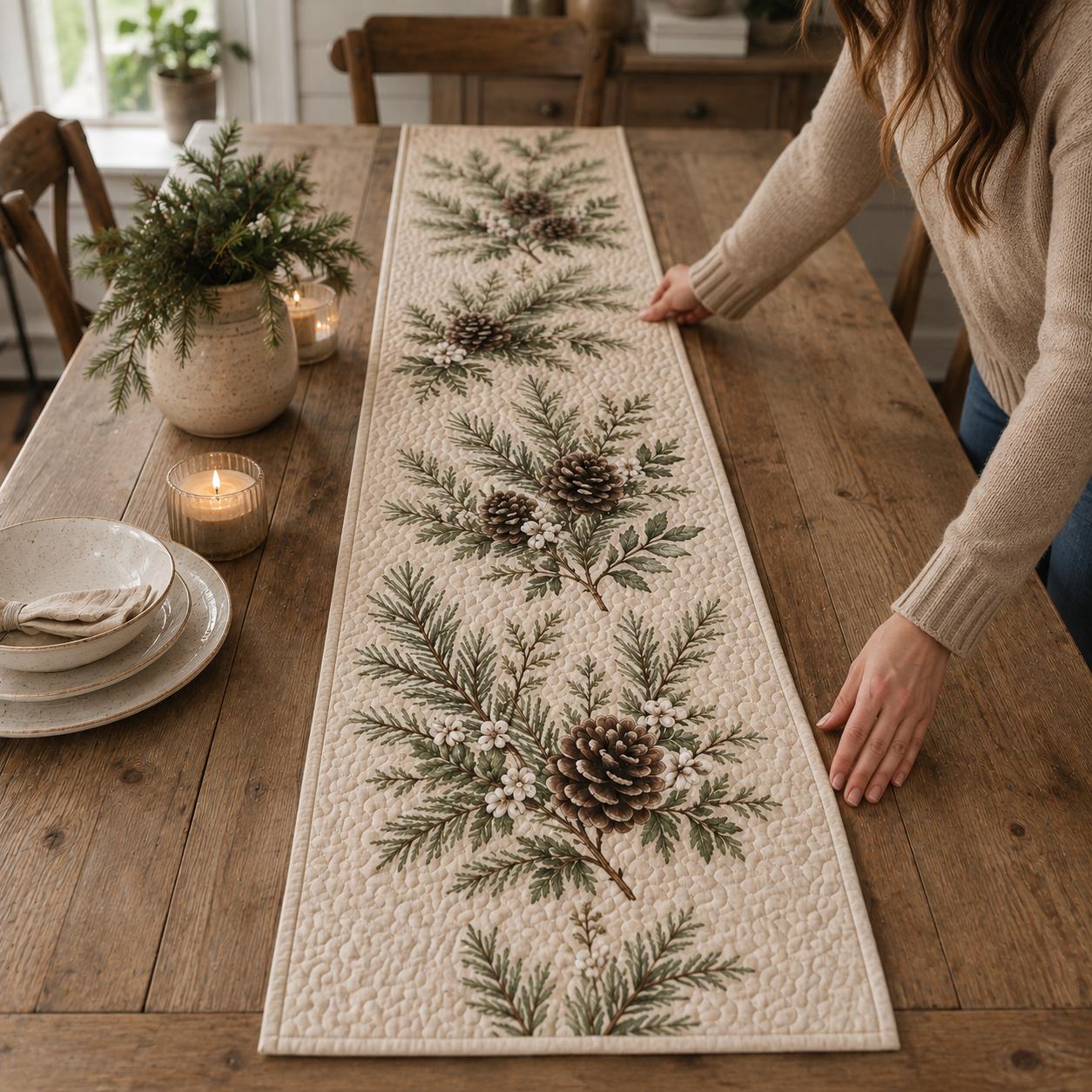 Pinecone Table Runner with Quilt Style Christmas Evergreen Table Decor and Woodland Holiday Runner for Rustic Winter Farmhouse - photo 3
