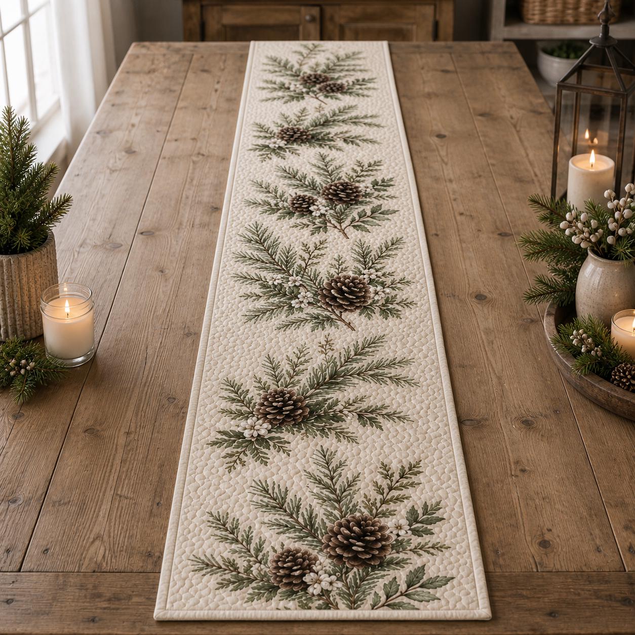 Pinecone Table Runner with Quilt Style Christmas Evergreen Table Decor and Woodland Holiday Runner for Rustic Winter Farmhouse - photo 4