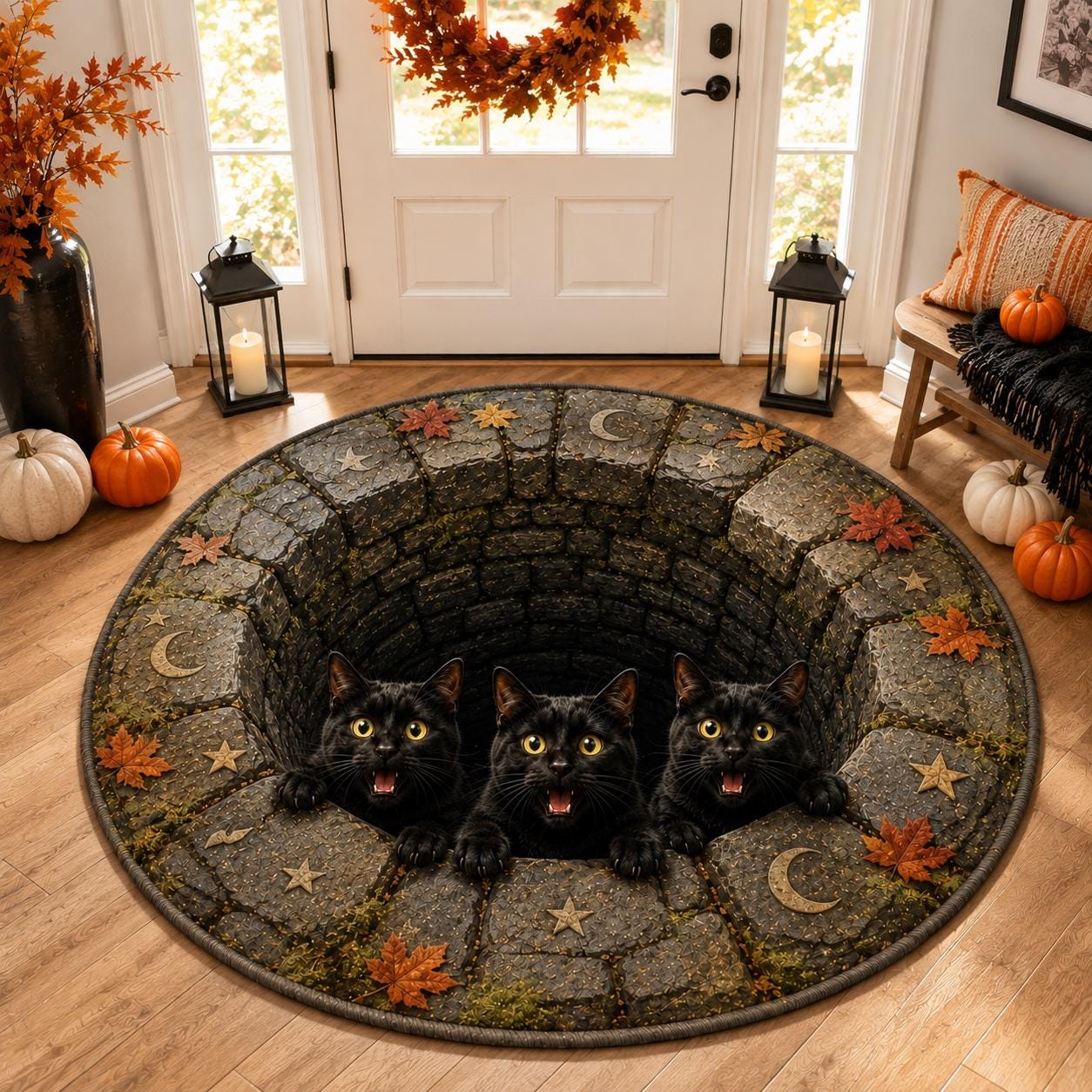 Black Cat Halloween Round Rug with 3D Illusion Quilted Cat Well Floor Mat, Spooky Black Cats Autumn Decor, and Halloween Home Decor