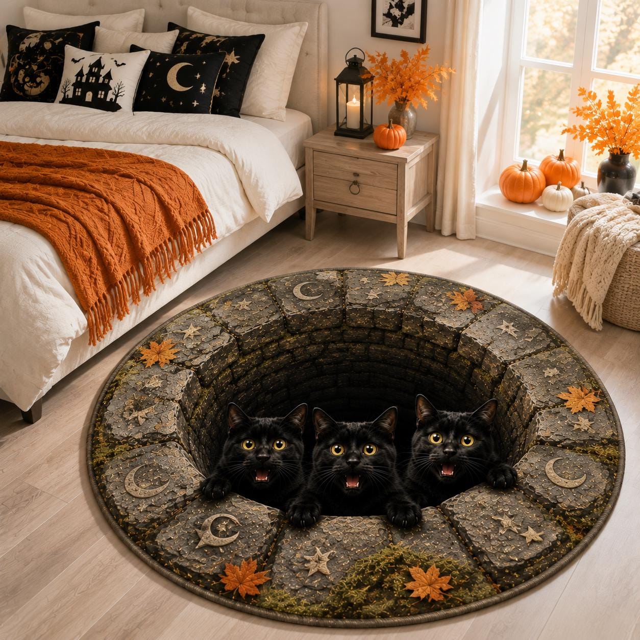 Black Cat Halloween Round Rug with 3D Illusion Quilted Cat Well Floor Mat, Spooky Black Cats Autumn Decor, and Halloween Home Decor - photo 3