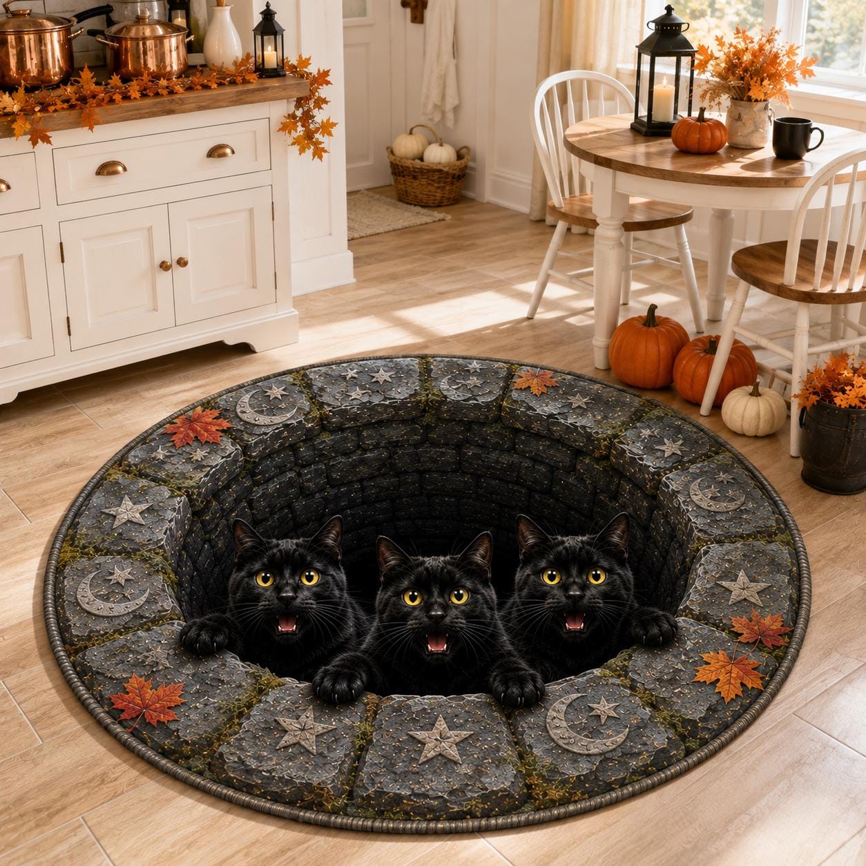 Black Cat Halloween Round Rug with 3D Illusion Quilted Cat Well Floor Mat, Spooky Black Cats Autumn Decor, and Halloween Home Decor - photo 4