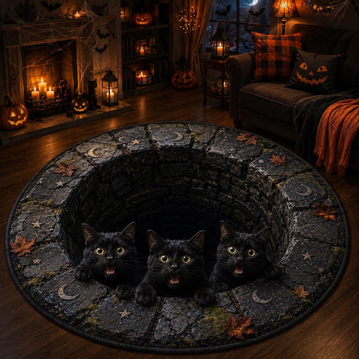 Black Cat Halloween Round Rug with 3D Illusion Quilted Cat Well Floor Mat, Spooky Black Cats Autumn Decor, and Halloween Home Decor - photo 5