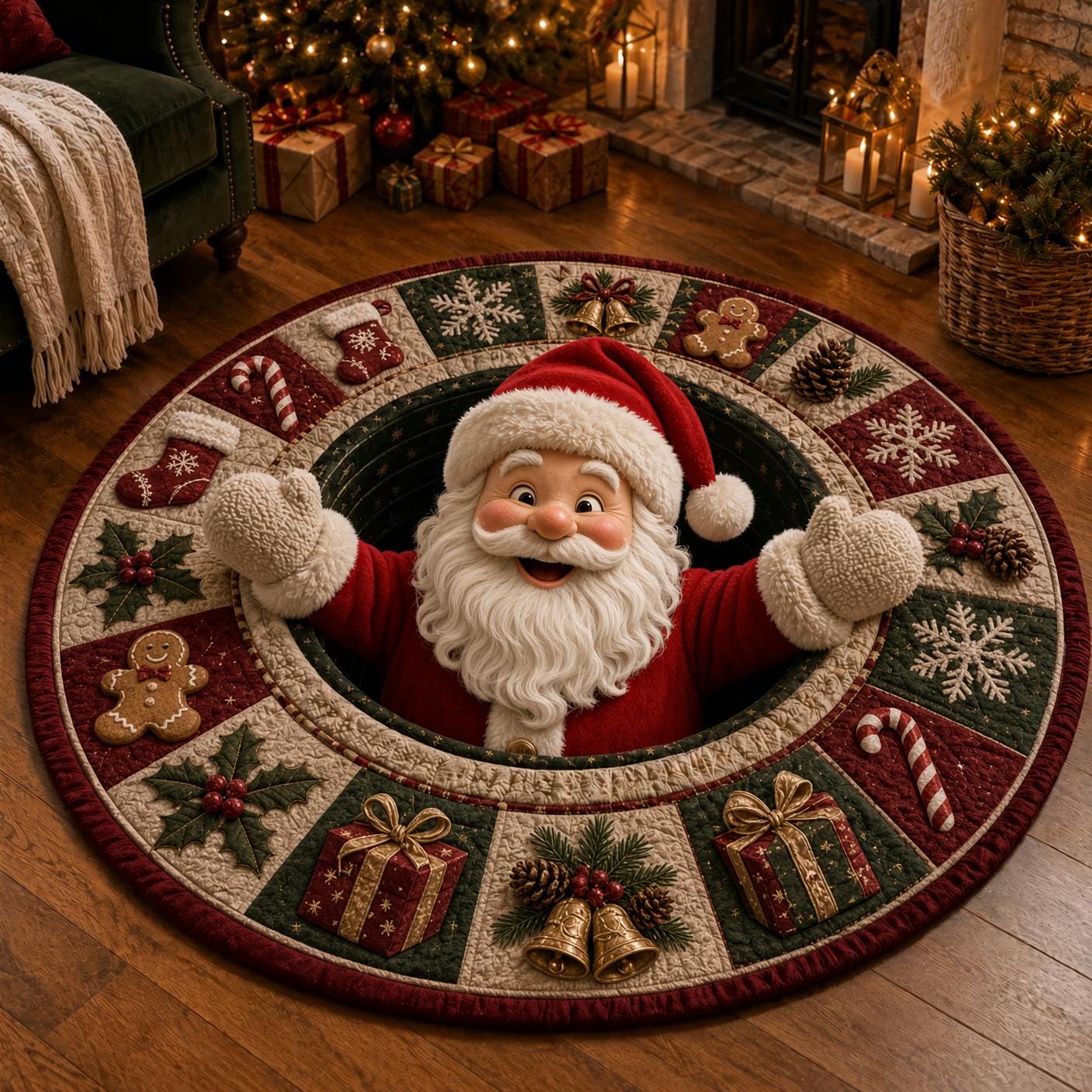 Santa Christmas Round Rug with 3D Illusion Quilted Claus Floor Mat for Funny Holiday Living Room Home Decor