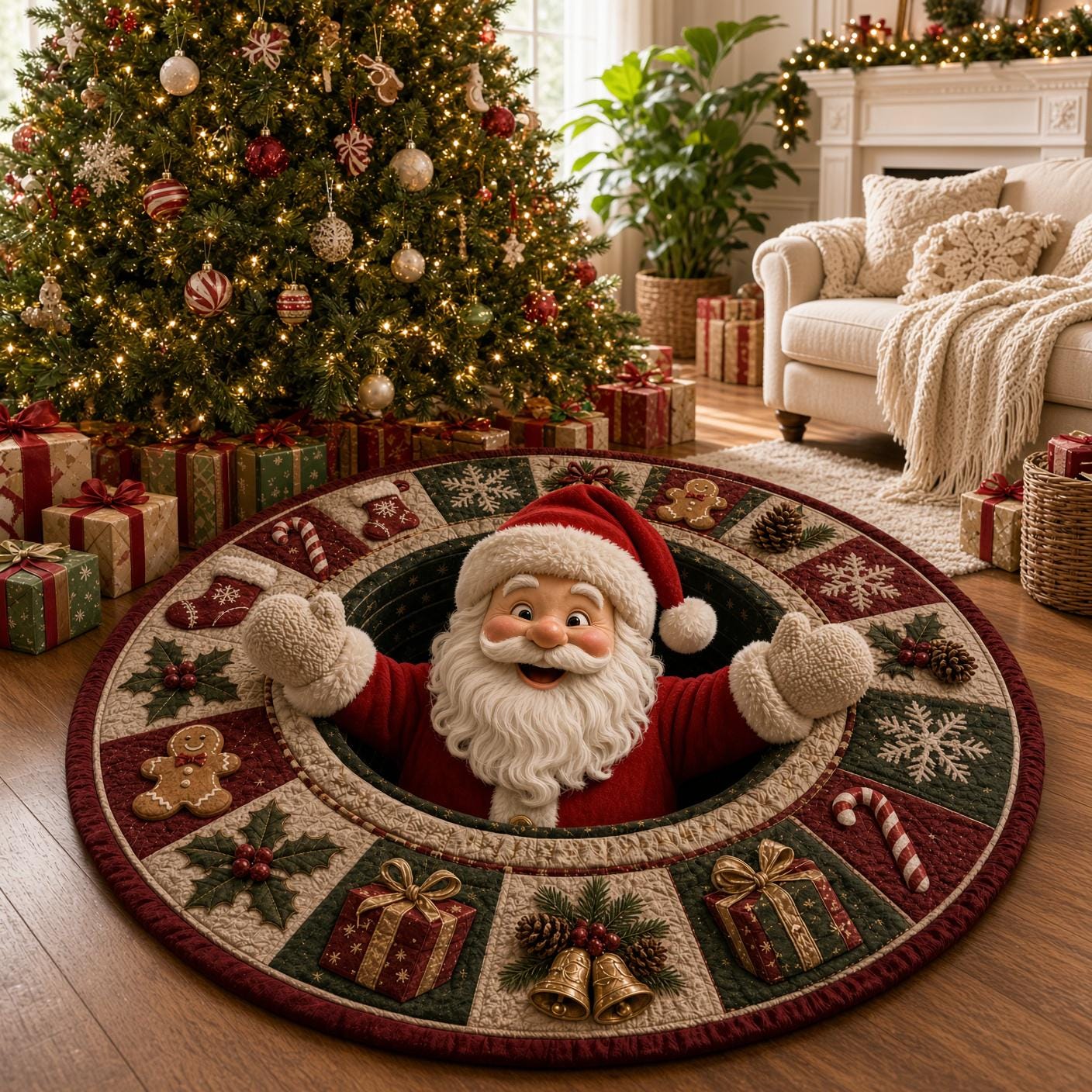 Santa Christmas Round Rug with 3D Illusion Quilted Claus Floor Mat for Funny Holiday Living Room Home Decor - photo 4